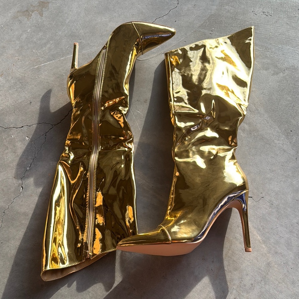 Gold Stiletto Heeled Boots with Metallic Shine